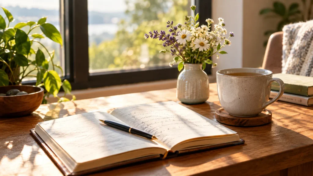 Open gratitude journal beside tea and flowers in warm morning sunlight