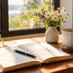 Open gratitude journal beside tea and flowers in warm morning sunlight