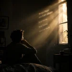 A solitary person sits sadly in a dark room, looking toward a window as warm sunlight streams in with motivational words floating through the light.
