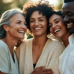 Friends sharing a joyful moment together in a warm outdoor setting