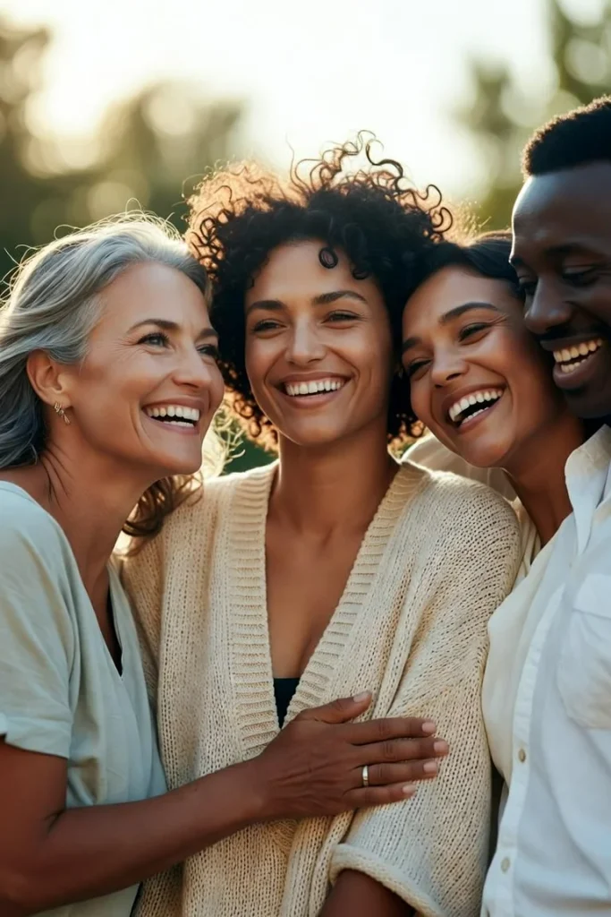 Friends sharing a joyful moment together in a warm outdoor setting