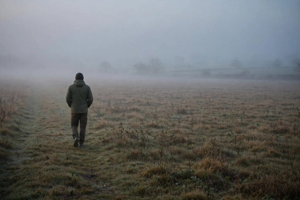 Solitary figure walking through a misty field at dawn, for alone quotes