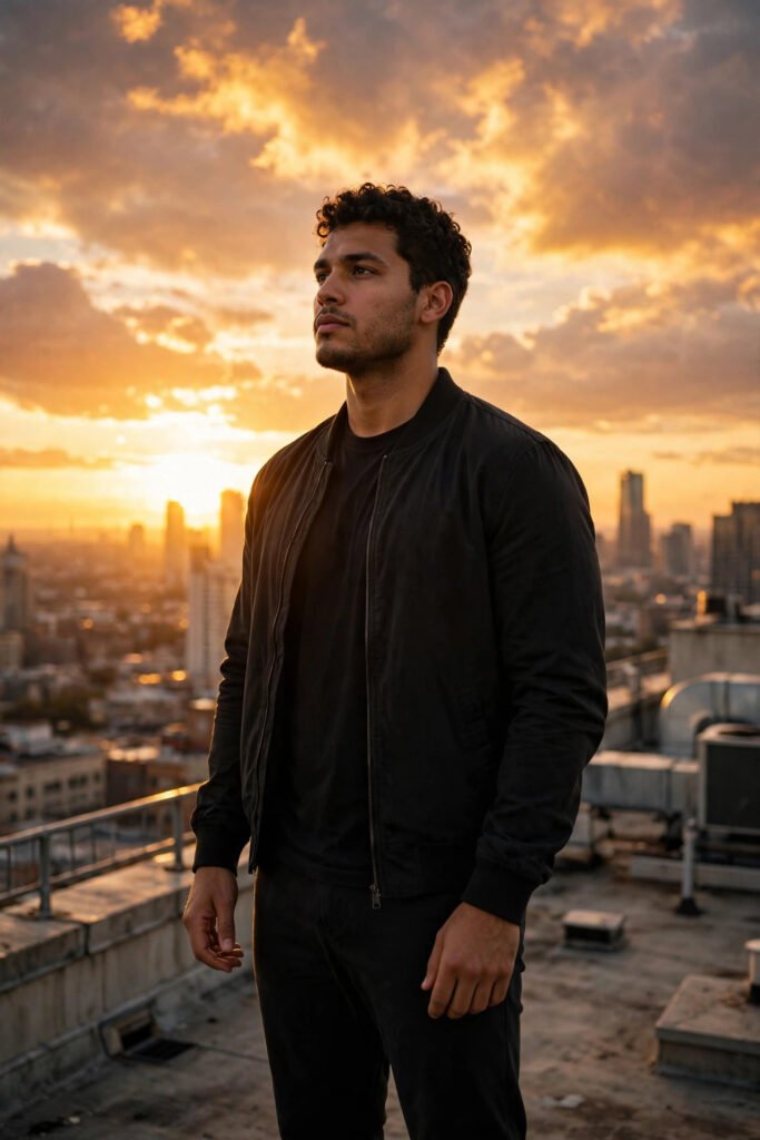 Confident person standing tall with bold posture at sunset, for attitude quotes