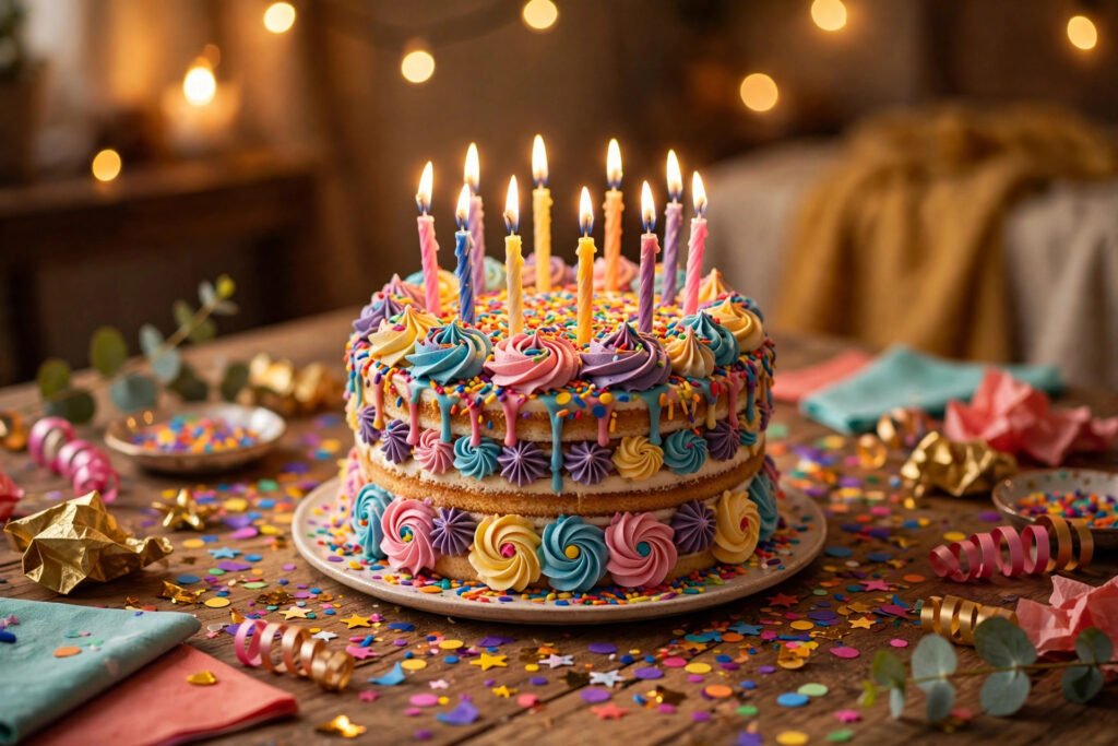 Birthday cake with lit candles and confetti, for birthday quotes