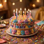Birthday cake with lit candles and confetti, for birthday quotes
