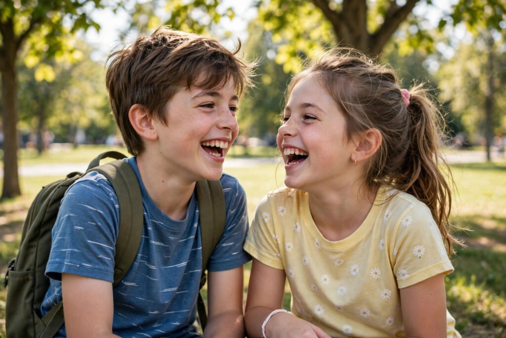 Brother and sister laughing together outdoors, for brother and sister quotes