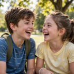 Brother and sister laughing together outdoors, for brother and sister quotes