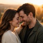 A happy couple sharing a sweet tender moment at golden sunset with soft warm light