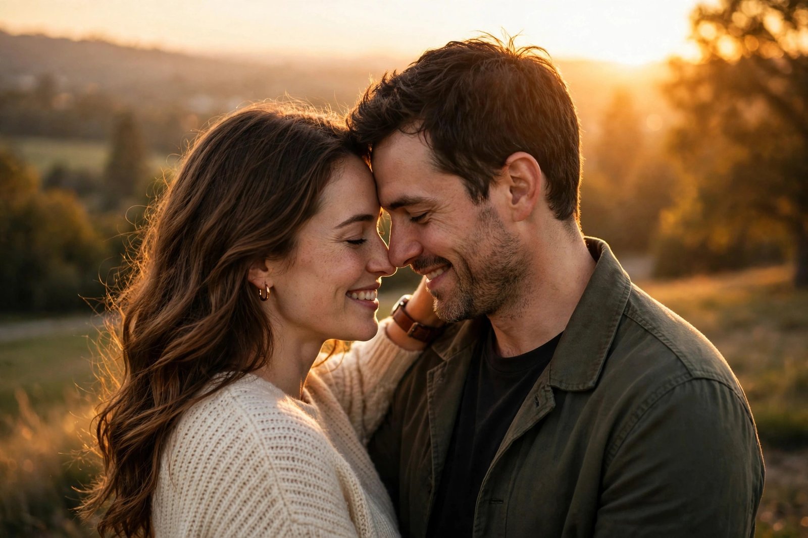 A happy couple sharing a sweet tender moment at golden sunset with soft warm light