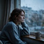 A lone person sitting by a rainy window at dusk gazing out in quiet sadness