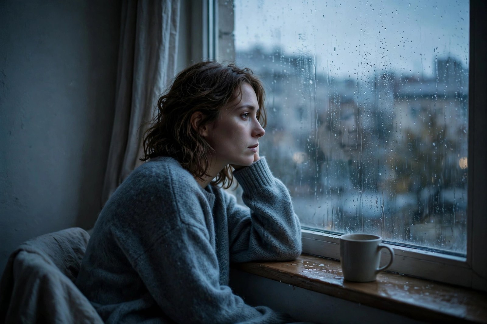 A lone person sitting by a rainy window at dusk gazing out in quiet sadness