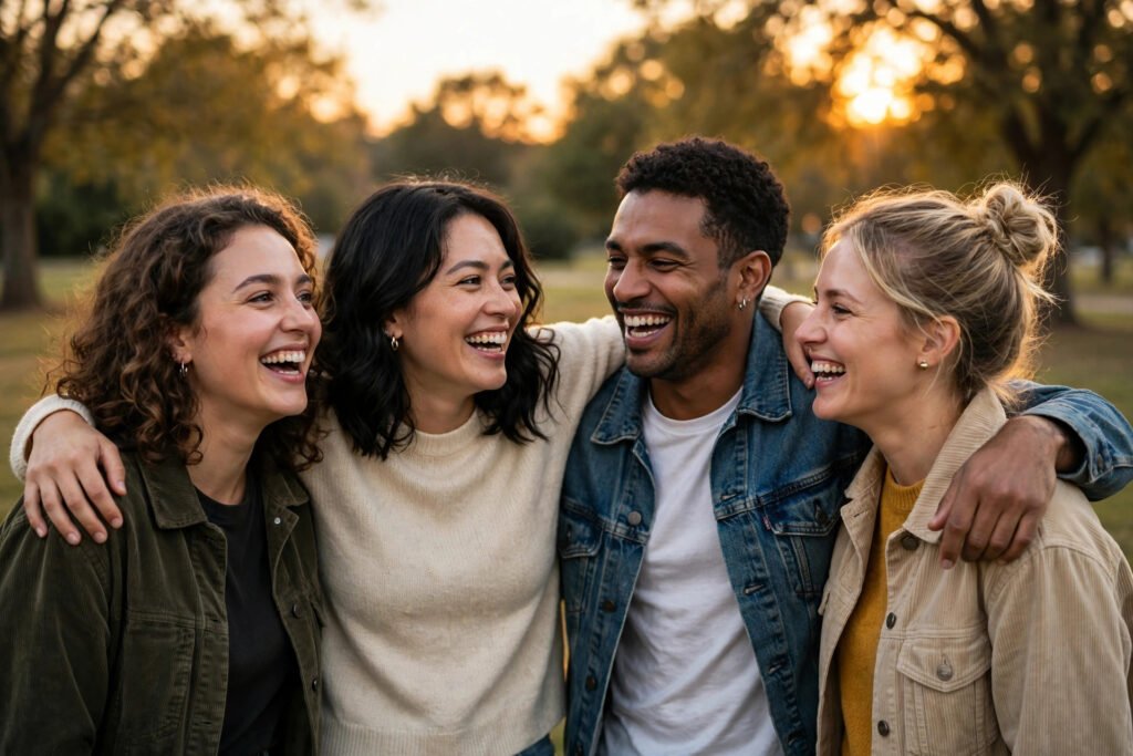 Close friends laughing together in warm sunlight, sharing a joyful and genuine moment of friendship.