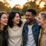 Close friends laughing together in warm sunlight, sharing a joyful and genuine moment of friendship.