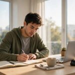 A focused person working with determination at a bright modern desk in warm morning light.