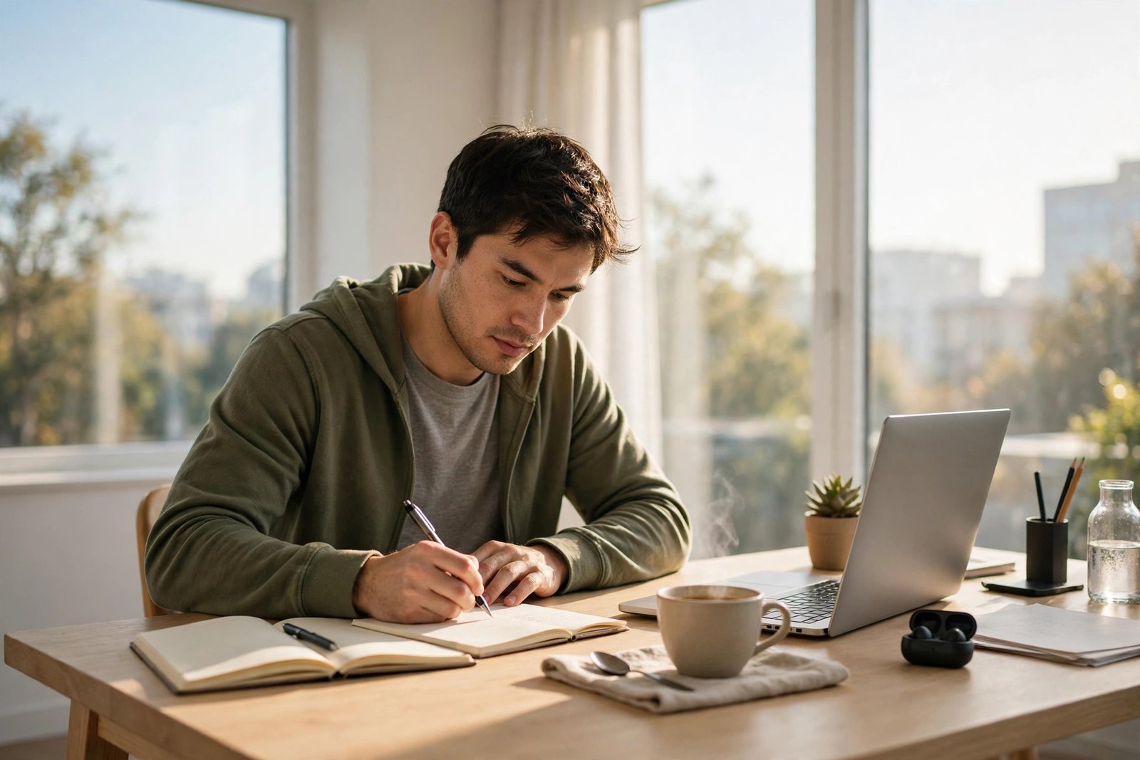 A focused person working with determination at a bright modern desk in warm morning light.