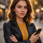 A confident young woman in a black leather jacket holding a smartphone in golden-hour city light, showing bold attitude and style.