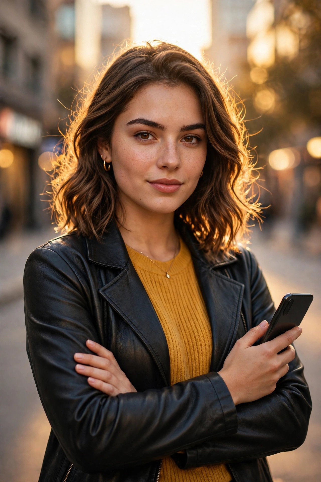 A confident young woman in a black leather jacket holding a smartphone in golden-hour city light, showing bold attitude and style.