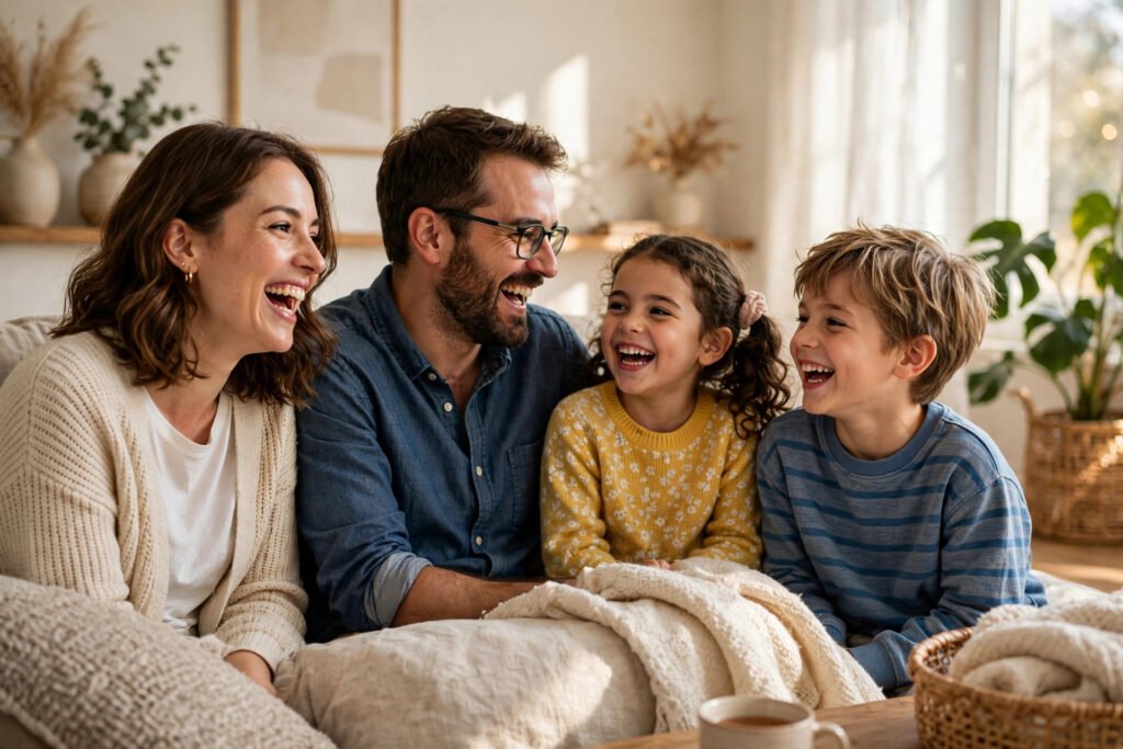 A happy family laughing together in a bright cozy living room, sharing a warm joyful moment at home.