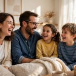 A happy family laughing together in a bright cozy living room, sharing a warm joyful moment at home.