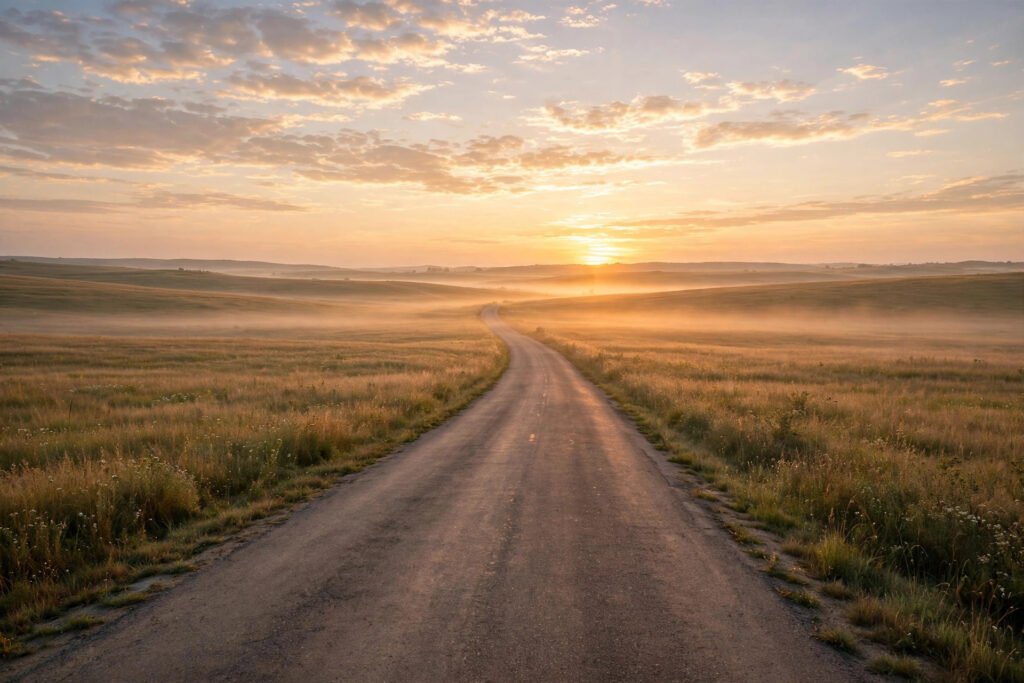 A quiet sunrise over a calm road and open fields, with soft golden light spreading across a peaceful morning sky.