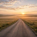 A quiet sunrise over a calm road and open fields, with soft golden light spreading across a peaceful morning sky.