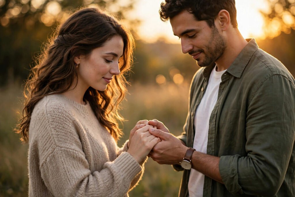 Two people holding hands at golden hour, warm romantic light glowing around them as they walk together.