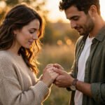 Two people holding hands at golden hour, warm romantic light glowing around them as they walk together.