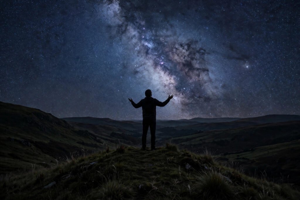 Silhouette of a person on a hilltop gazing at a starry night sky, for dream big quotes