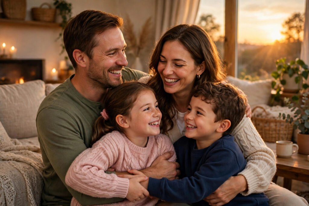 Happy family embracing at home together, for family quotes