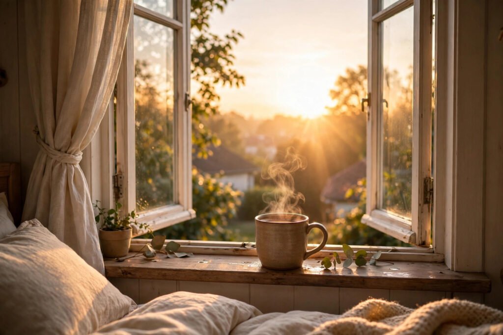 Warm sunrise glowing through an open bedroom window with a steaming cup of coffee, for good morning quotes