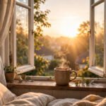 Warm sunrise glowing through an open bedroom window with a steaming cup of coffee, for good morning quotes