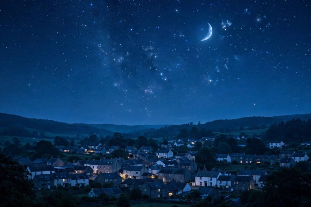 Peaceful moonlit bedroom with soft blue light and stars outside the window, for good night quotes