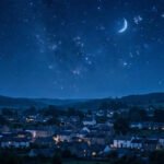 Peaceful moonlit bedroom with soft blue light and stars outside the window, for good night quotes