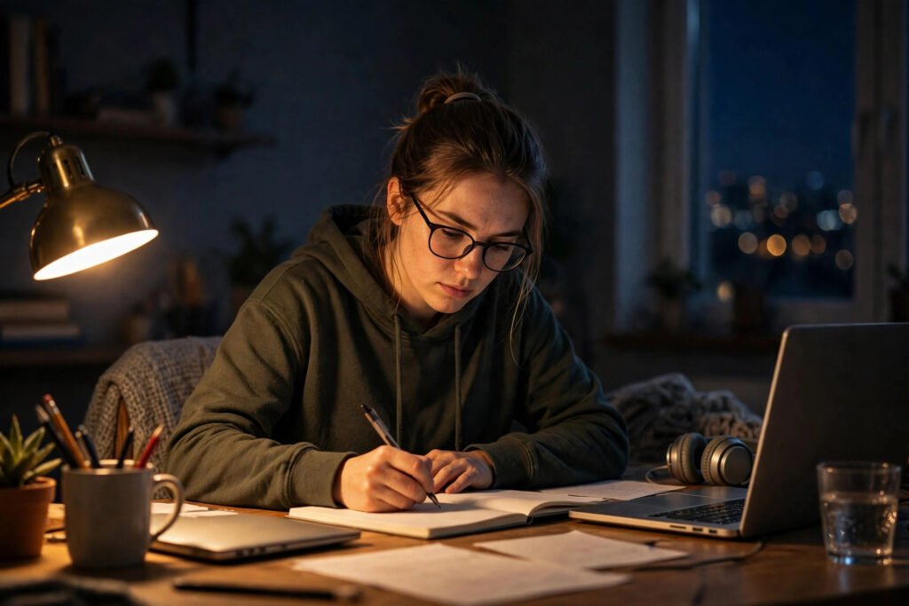 Person working at a desk in a warm-lit room late at night, for hard work quotes