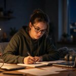 Person working at a desk in a warm-lit room late at night, for hard work quotes
