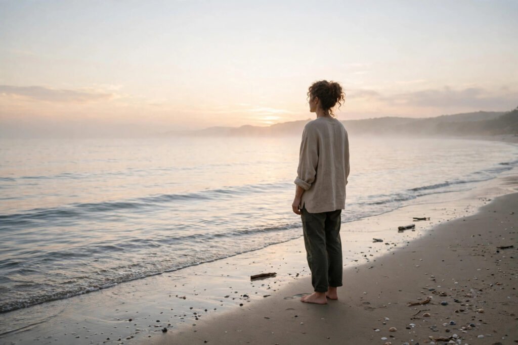 Person standing peacefully on a beach at soft sunrise, for healing quotes