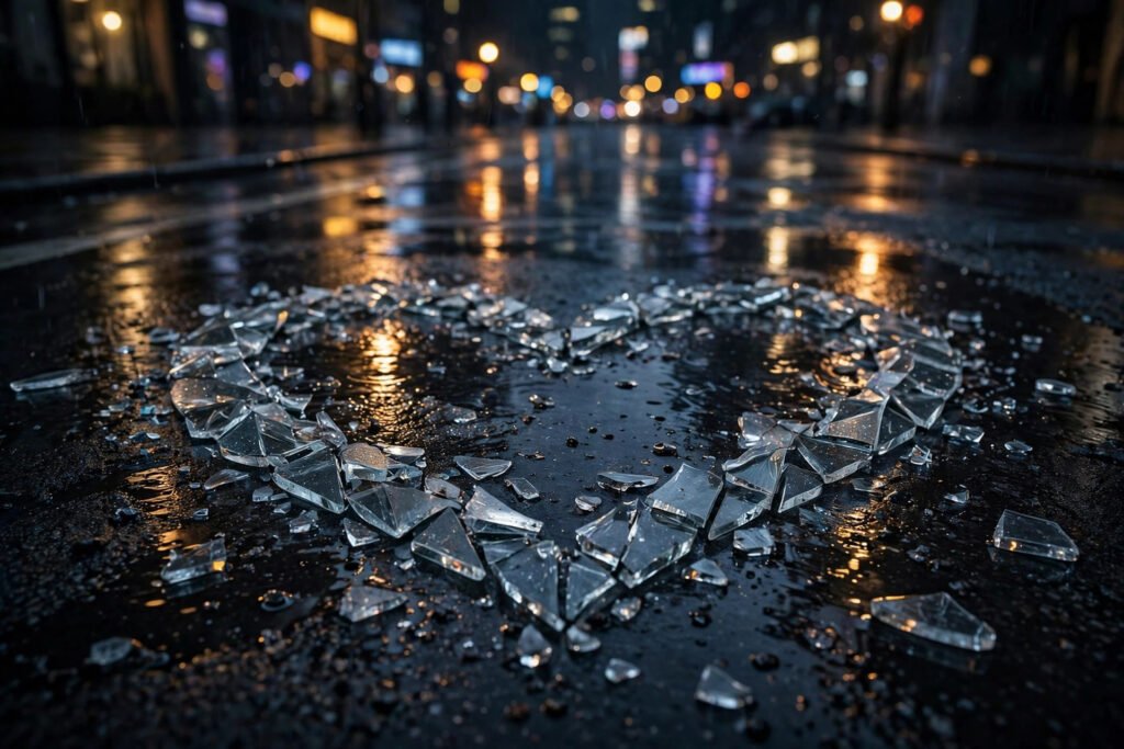 Broken glass heart on wet pavement at night, for heartbreak quotes