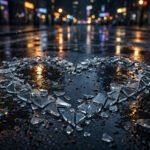 Broken glass heart on wet pavement at night, for heartbreak quotes