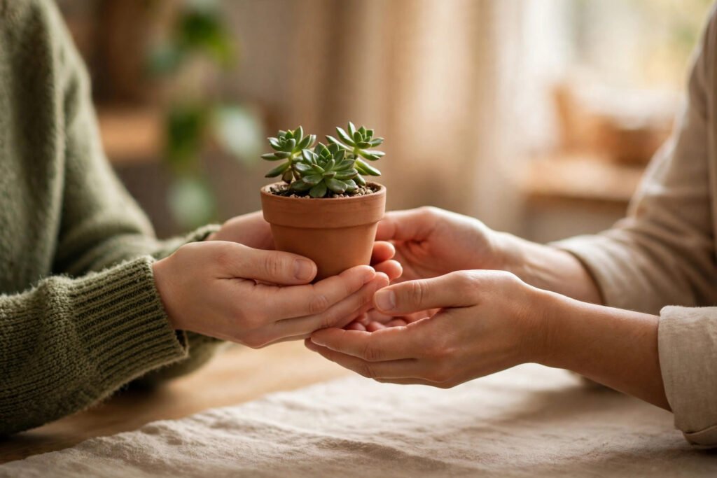 Hands offering a small potted plant to another person, for kindness quotes