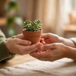 Hands offering a small potted plant to another person, for kindness quotes