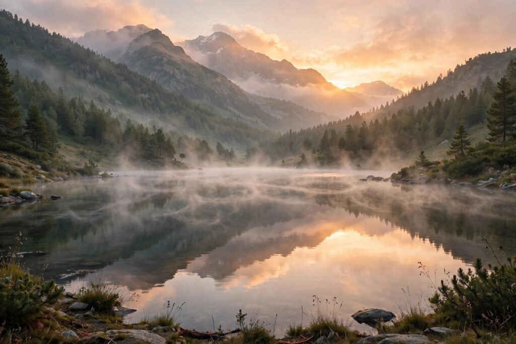 Sunrise over a calm mountain lake, for life quotes