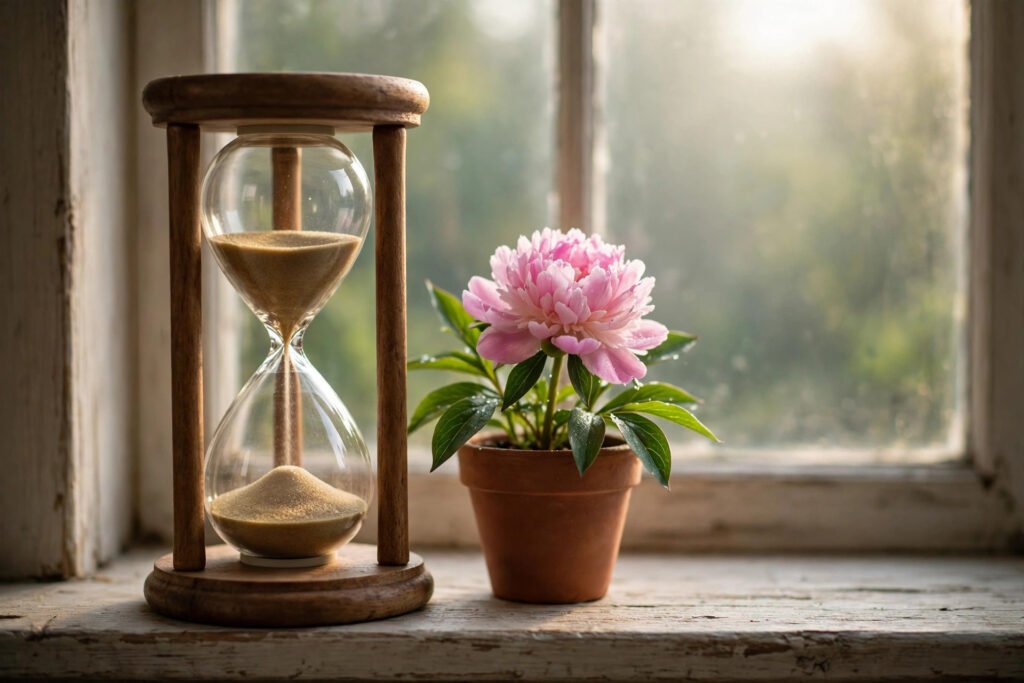 Hourglass beside a blooming flower in soft light, for patience quotes