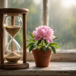 Hourglass beside a blooming flower in soft light, for patience quotes