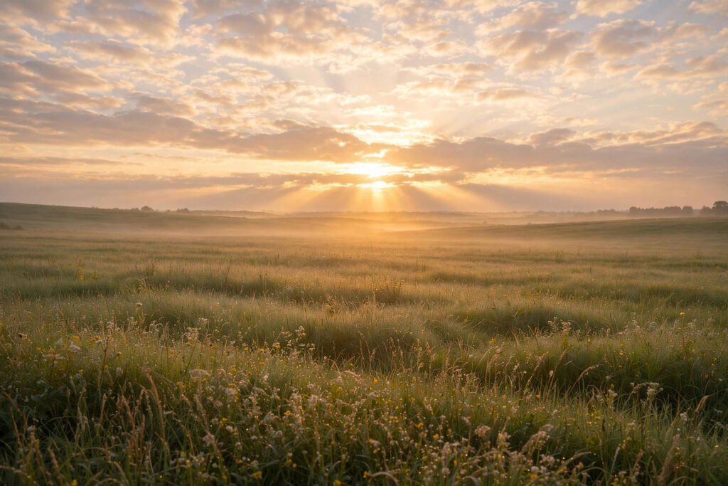 Warm golden sunrise over calm open fields, for positive mindset quotes