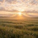 Warm golden sunrise over calm open fields, for positive mindset quotes