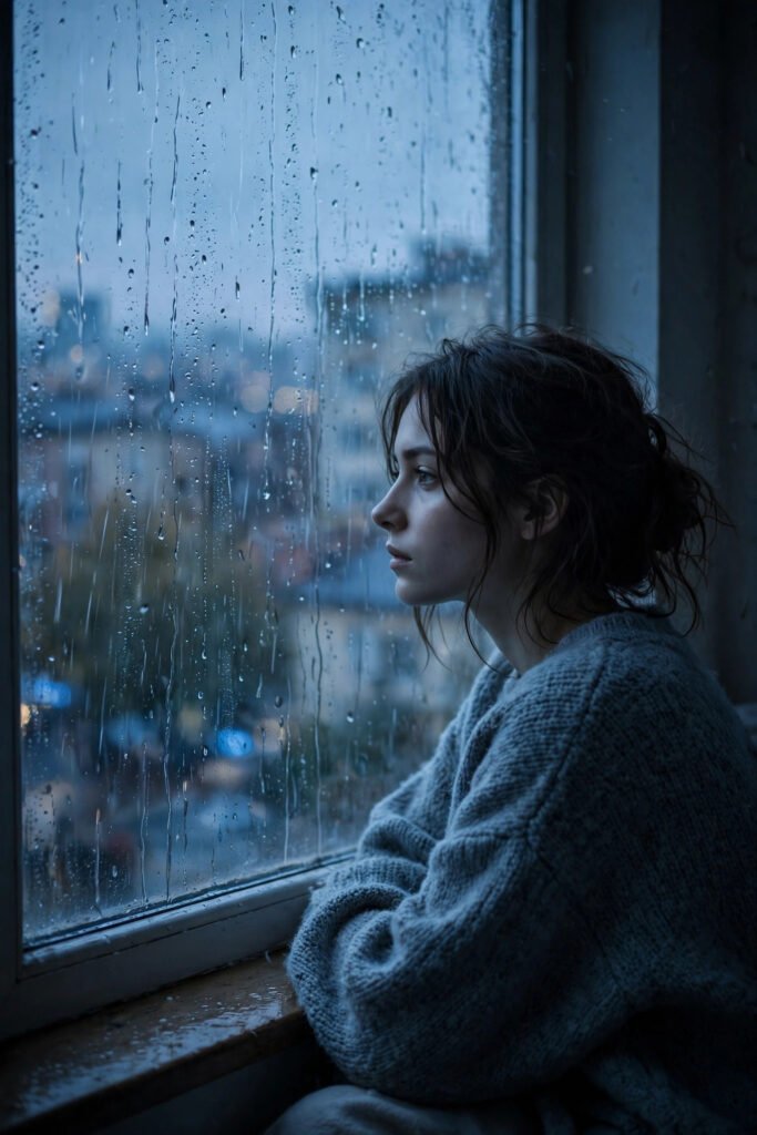Person gazing out a rain-streaked window at dusk, for sad quotes
