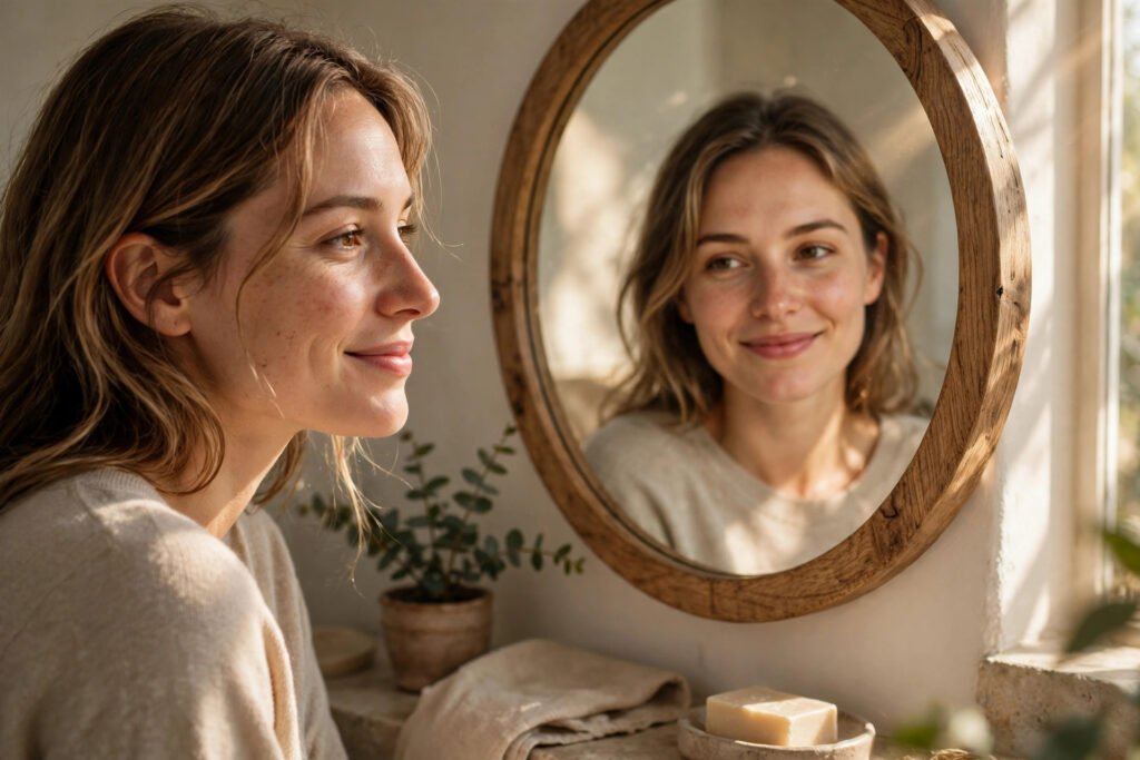 Woman smiling softly at her reflection in a sunlit mirror, for self love quotes