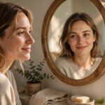 Woman smiling softly at her reflection in a sunlit mirror, for self love quotes
