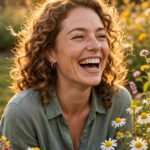 Joyful woman smiling in warm golden sunlight with flowers, for smile quotes