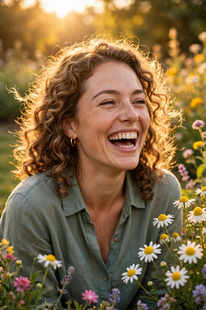 Joyful woman smiling in warm golden sunlight with flowers, for smile quotes